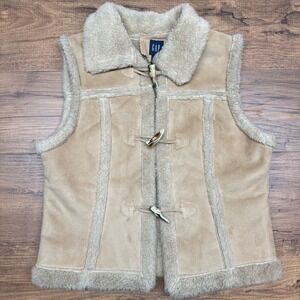 Y2K GAP Sherpa Lined Suede Vest‎ Womens Large Tan Toggle Nordic Cabincore Rustic